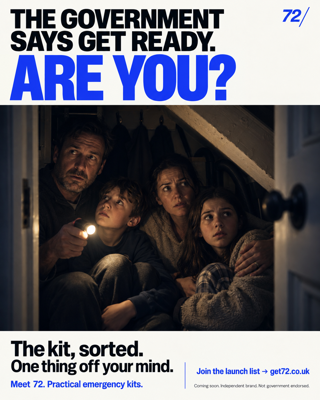 Illustrative scene of a worried family sitting together beneath the stairs, their faces lit by a torch